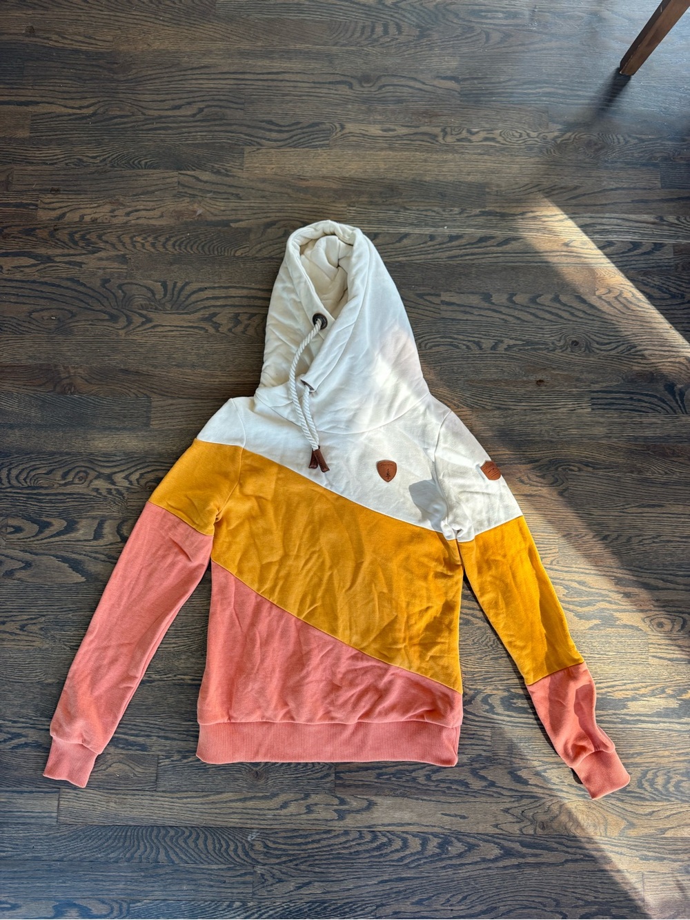 Wanakome Diagonal Colorblock Hoodie in Cream, Mustard & Coral